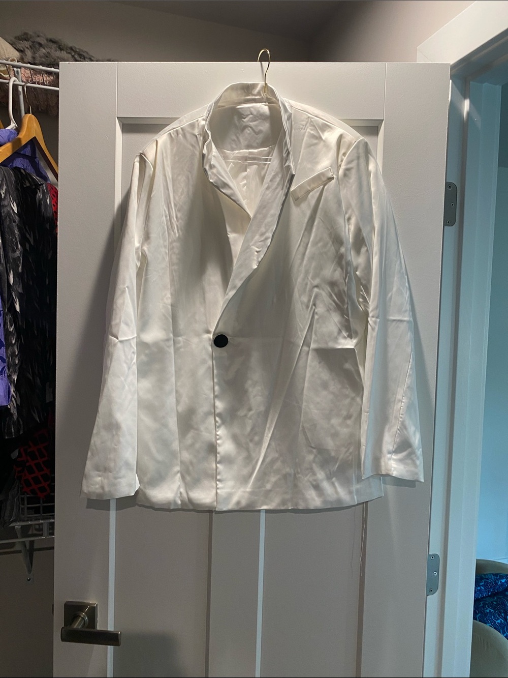 Women White Satin Single-Button Blazer XL New